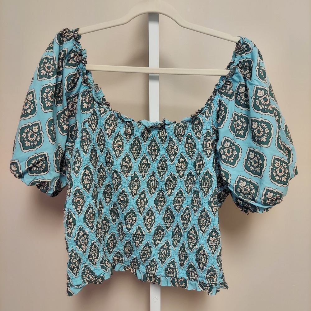 Maurices Blue Medallion Smocked Puff Sleeve Cotton Top Plus Size 2X Boho Cottage